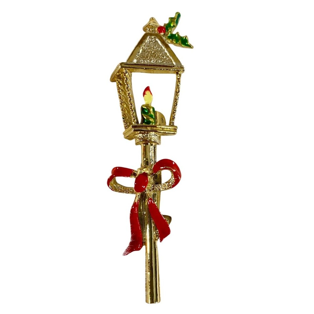 Gerrys Vintage Brooch Lamp Post Gold Tone Red Enamel Christmas Holiday Jewelry